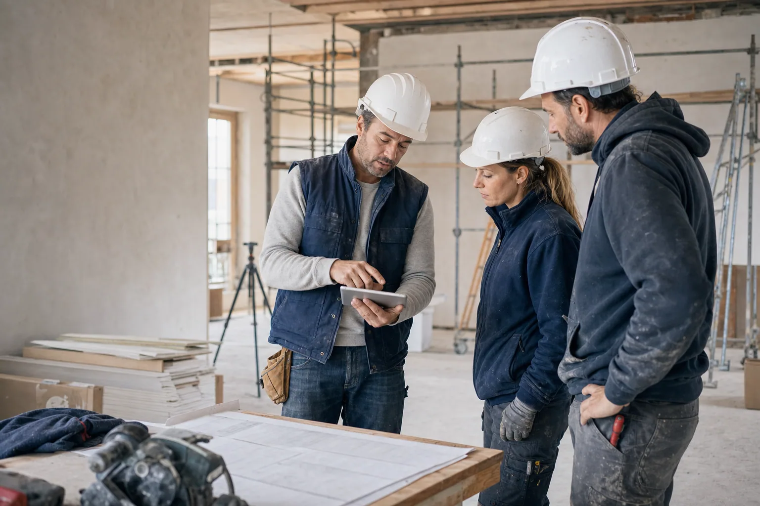 Équipe artisanale réunie autour d'une analyse des risques sur un chantier