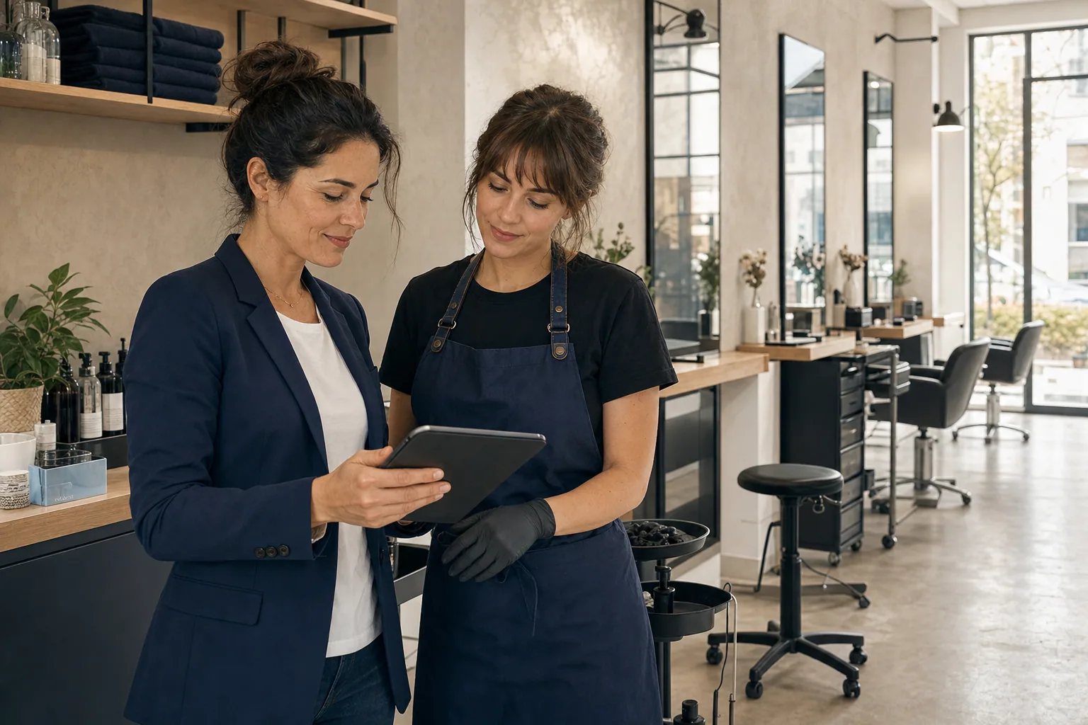 Gérante et salariée d'un salon de coiffure consultant leur évaluation des risques